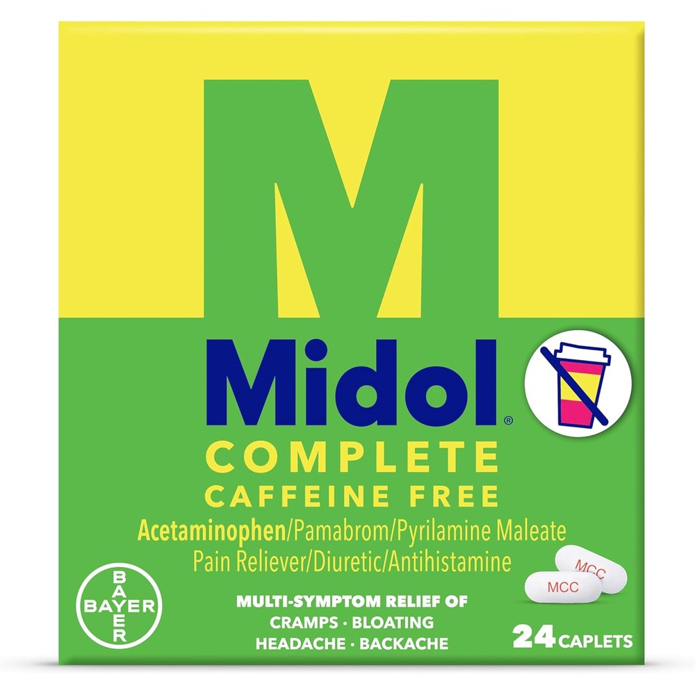 Midol Complete Caffeine Free Caplets 24ct: Midol Complete Caffeine Free Menstrual Pain Relief Caplets with Acetaminophen, Provides Headache Relief and Period Cramps Relief, 24 Count