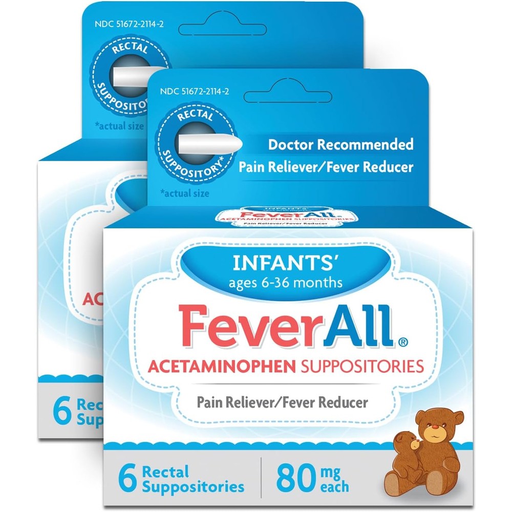 Feverall Infant Acetaminophen Suppositories 6 Rectal Suppositories 80mg Each Pain Reliever/Fever Reducer. Paraben Free, No Artificial Colors or Other preservatives. Ages 6-36 Months (Pack of 2)
