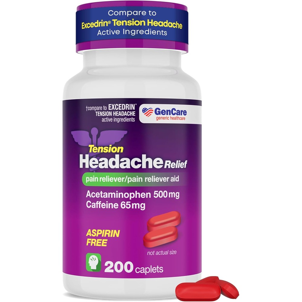 GenCare - Tension Headache Relief Pain Reliever with Acetaminophen 500 mg & Caffeine 65 mg (200 Caplets) Best Value Bulk Extra Strength for Head, Migraine, Joint Pain & Body Ache Relief Medicine