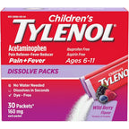 Children's Tylenol Dissolve Packs for Pain Relief, Fever Medication, 160 mg Acetaminophen, Dye Free, Kids' Powder Packets for Cold & Flu Symptom Relief; Wild Berry Flavor, 30 ct.; Pack of 1