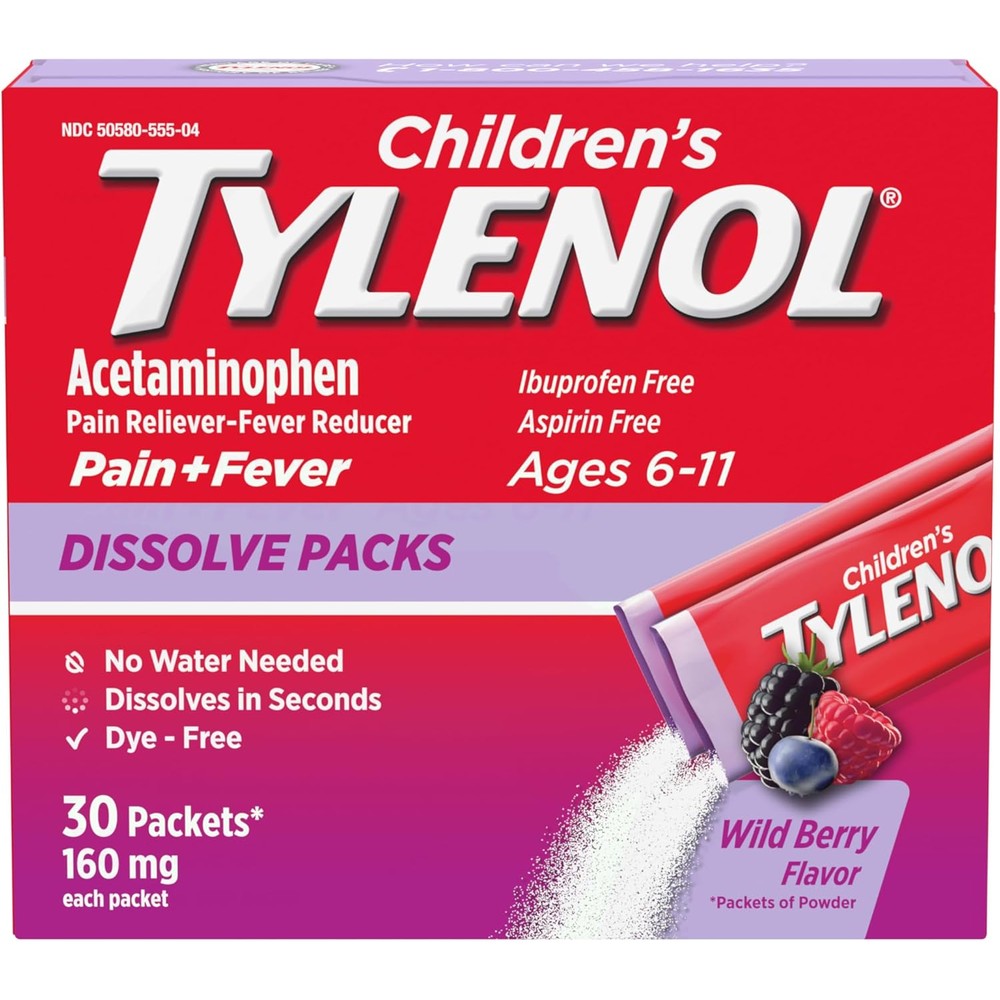 Children's Tylenol Dissolve Packs for Pain Relief, Fever Medication, 160 mg Acetaminophen, Dye Free, Kids' Powder Packets for Cold & Flu Symptom Relief; Wild Berry Flavor, 30 ct.; Pack of 1