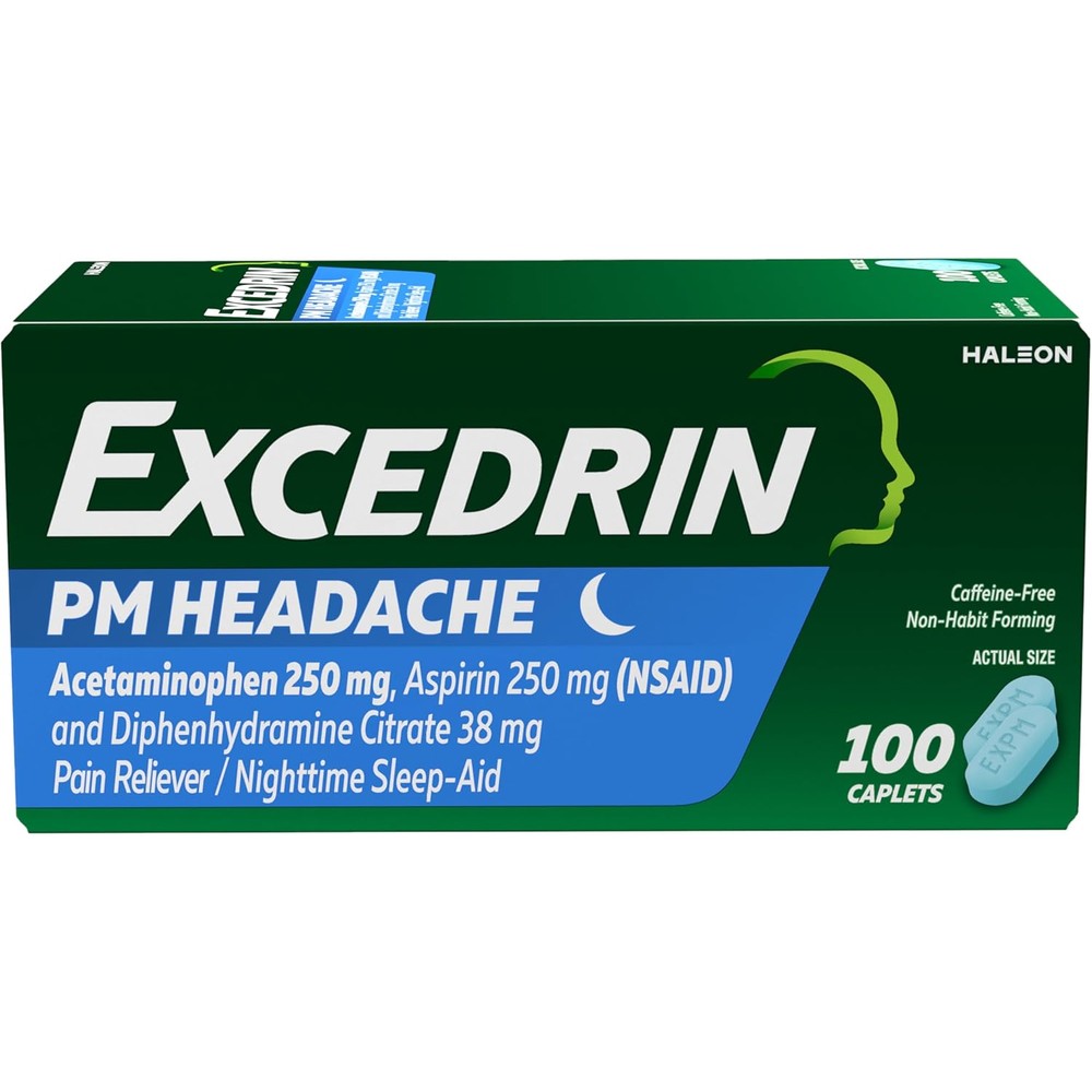 Excedrin PM for Headache Relief, Acetaminophen 250mg, Aspirin 250mg, Diphenhydramine Citrate 38mg, Pain Reliever, Nighttime Sleep-Aid, 100 Count