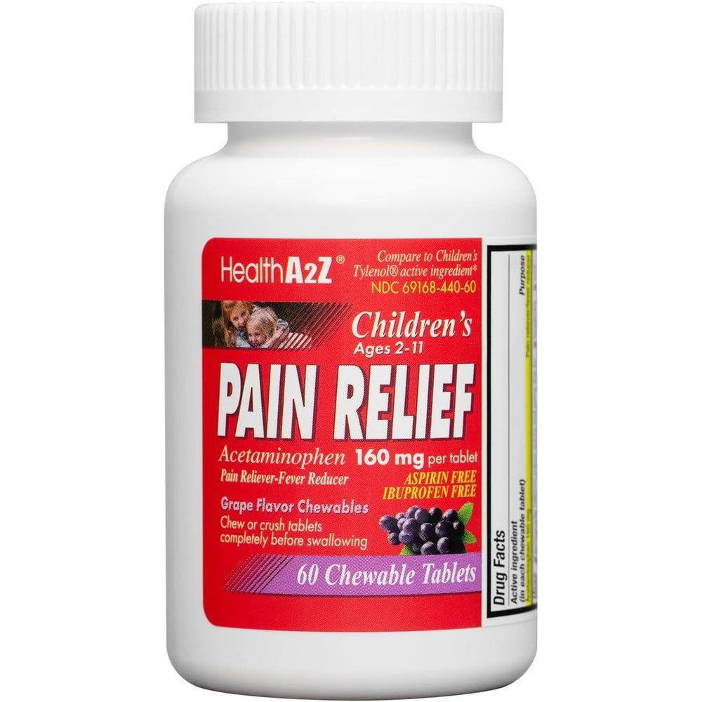HealthA2ZÂ® Children's Chewable Pain Relief | Acetaminophen 160mg | Chewable Tablets | Grape Flavor Chewables | Aspirin & Ibuprofen Free (60 Counts)