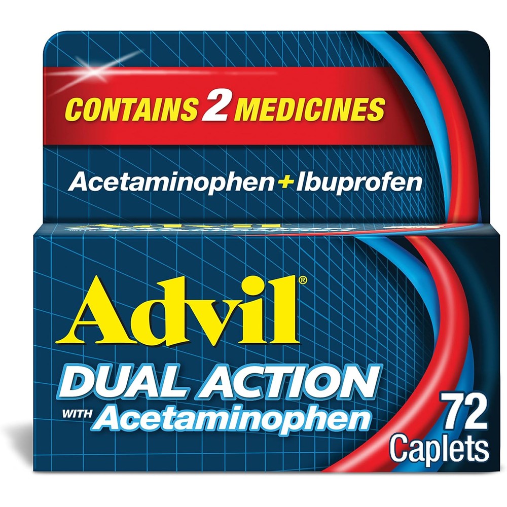 Advil Dual Action Coated Caplets with Acetaminophen, 250 Mg Ibuprofen and 500 Mg Acetaminophen Per Dose (2 Dose Equivalent) for 8 Hour Pain Relief - 72 Count