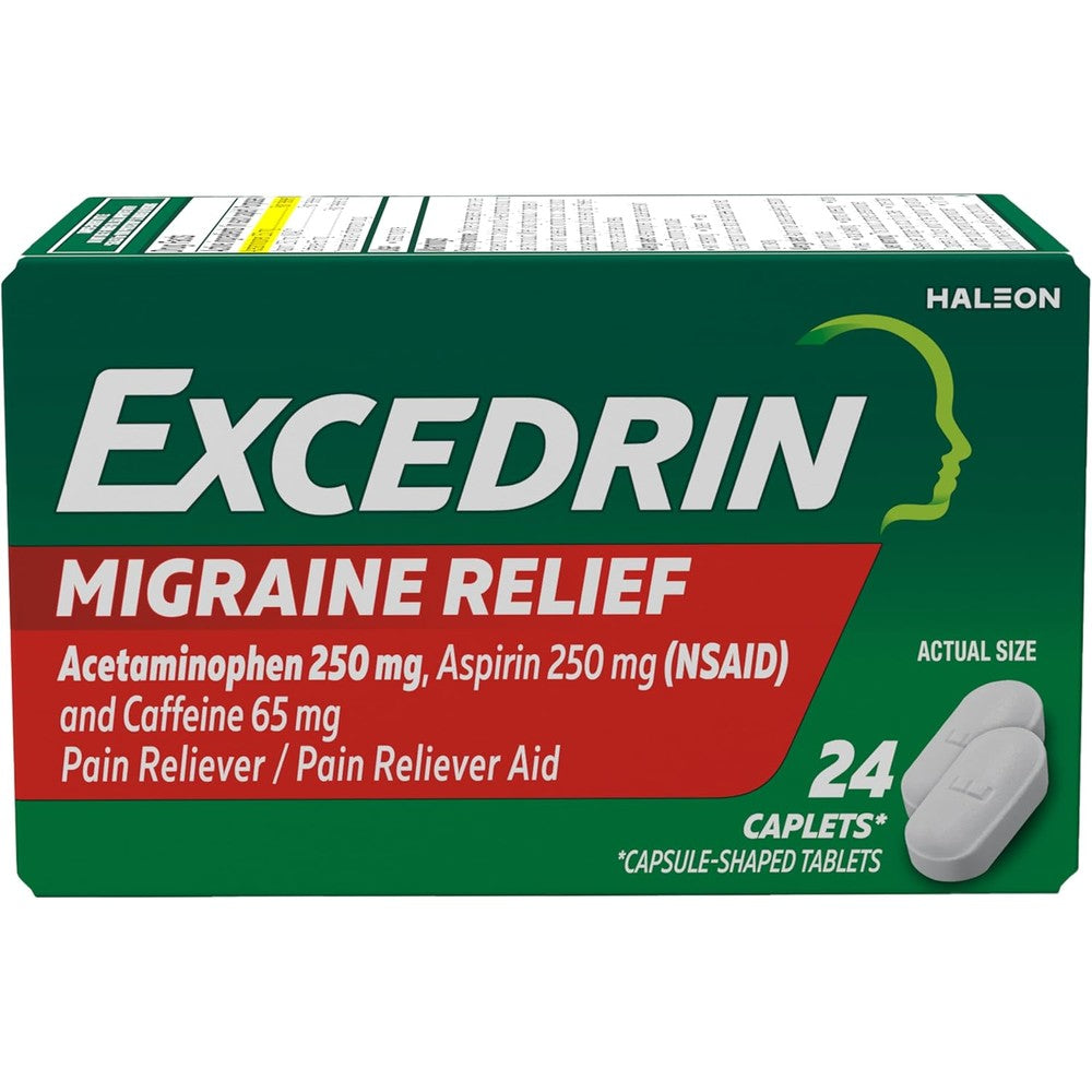 Excedrin Migraine Relief Caplets for Migraine Symptoms, Acetaminophen 250mg, Aspirin 250mg, Caffeine 65mg, Pain Reliever, 24 Count
