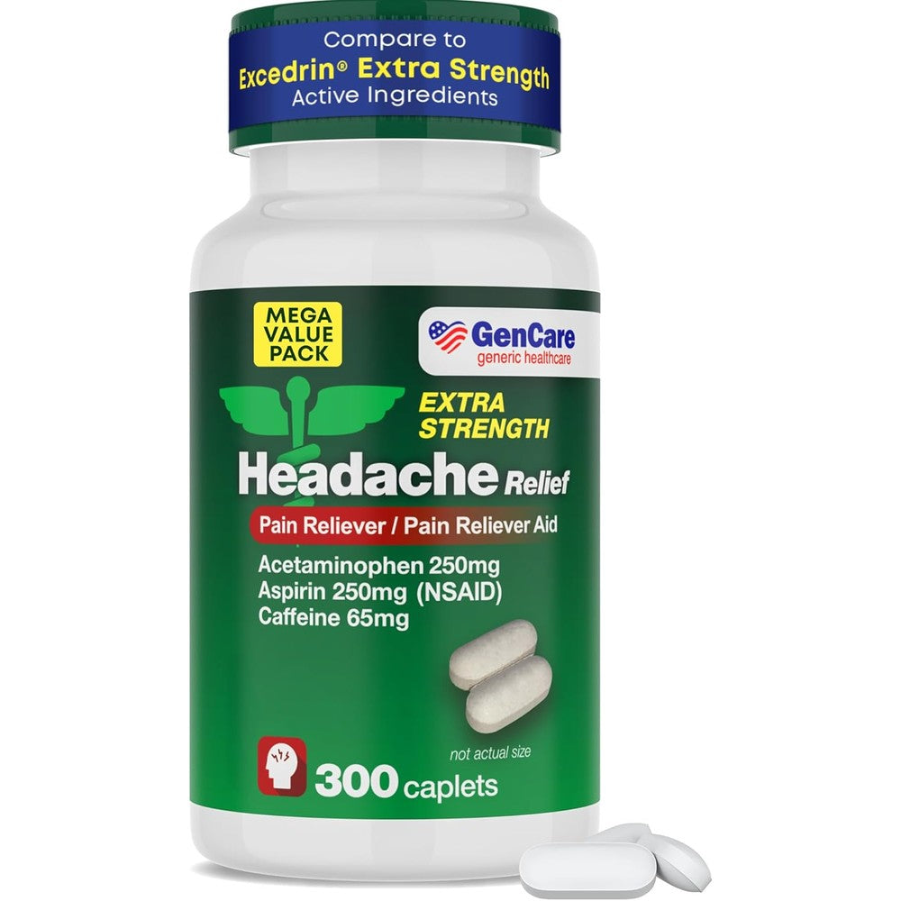 GenCare - Headache Relief Acetaminophen with Aspirin (NSAID) & Caffeine (300 Caplets) Value Pack | Head Pain, Muscle Aches, Back Pain & Body | Generic ExcedrEn Extra Strength