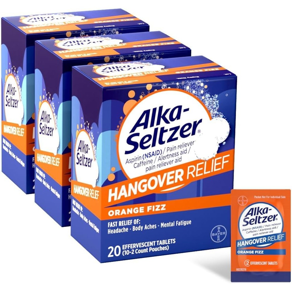 Alka-Seltzer Hangover Relief Tablets, Fast Relief Starts In About 15 Minutes for Headaches, Body Aches & Mental Fatigue, Bachelorette & Bachelor Party Packs 60 Count (3 Boxes, 20 Tablets Each)