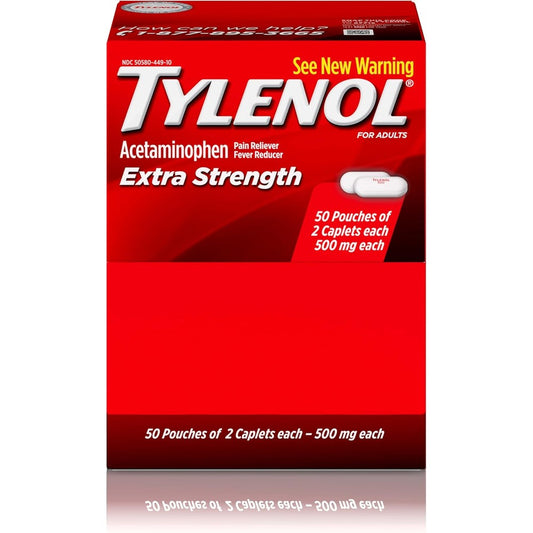 Tylenol Extra Strength Acetaminophen Caplets, 500 mg, Pain Relief & Fever Reducer for Headache, Backache, Toothache, Menstrual Cramps & Pain, Travel-Friendly Packaging, 2-Caplet Pouches, 50 Count