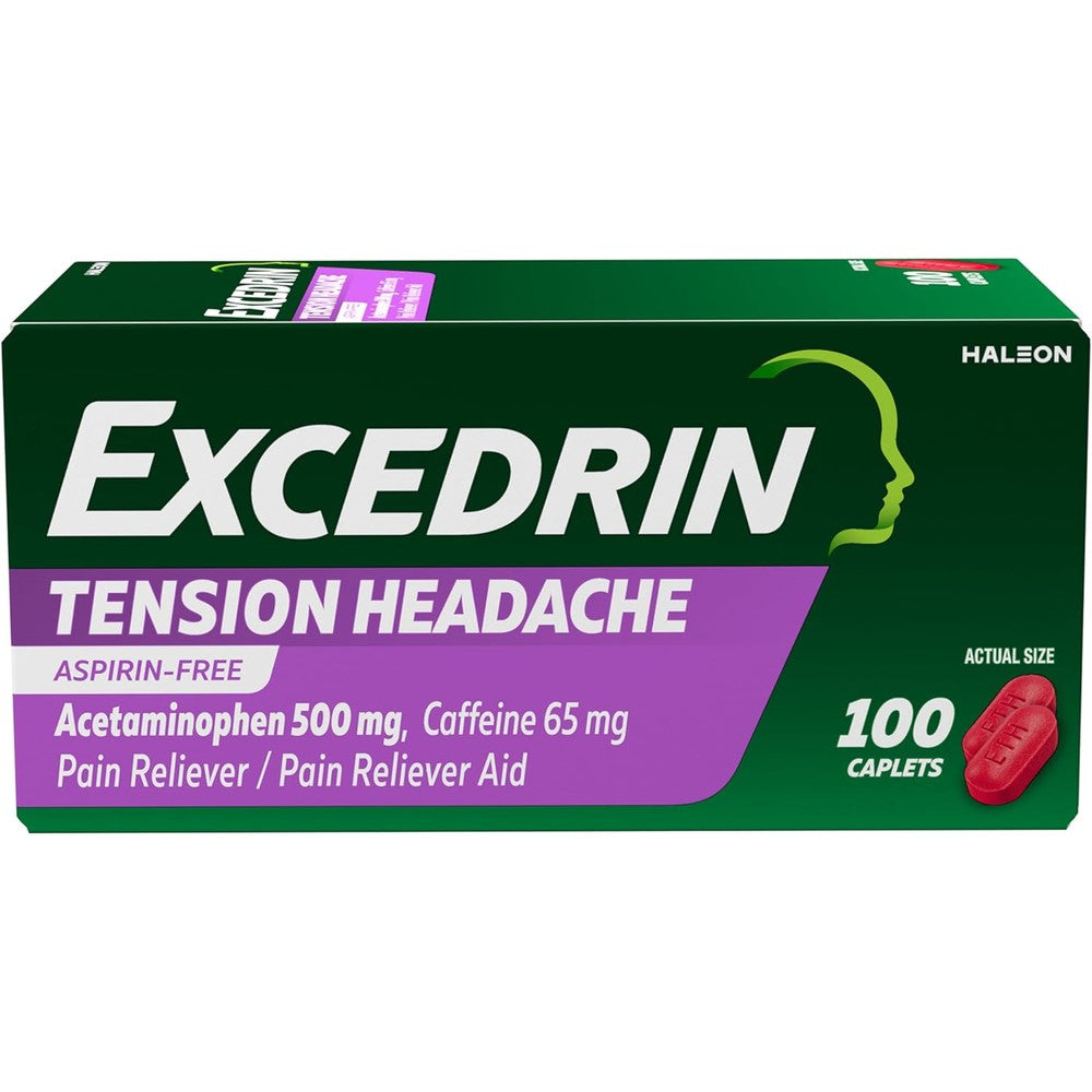 Excedrin Tension Headache Relief Caplets, Acetaminophen 500mg, Caffeine 65mg, Pain Reliever, Aspirin-Free, 100 Count