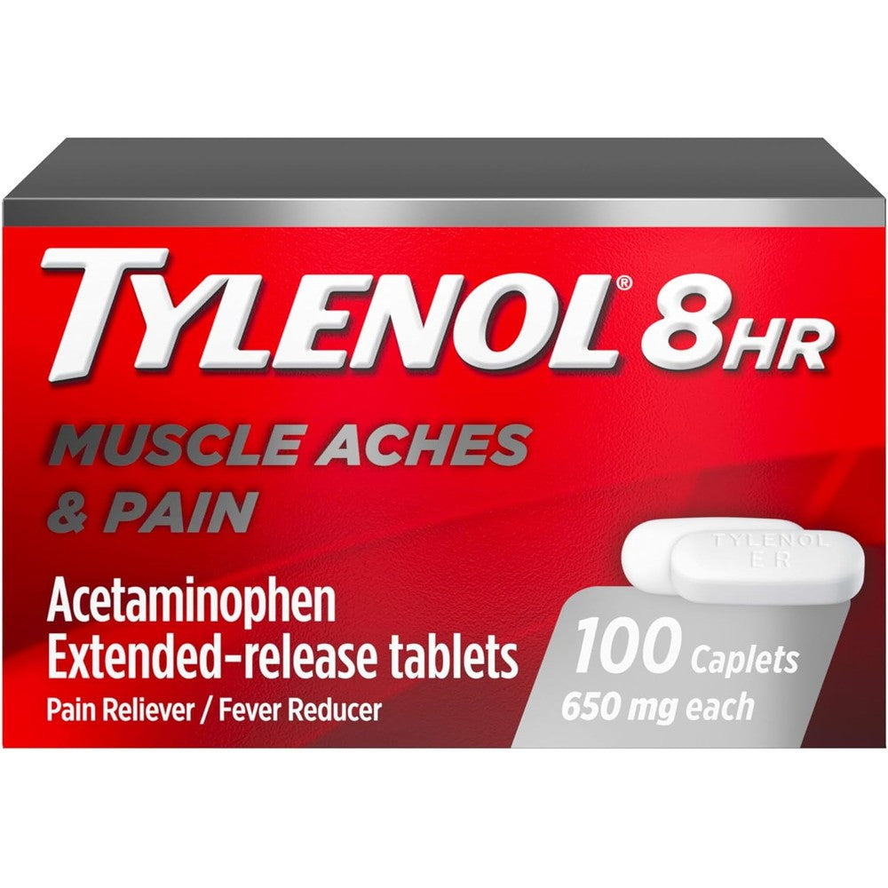 Tylenol 8 Hour Acetaminophen 650 mg Extended Release Caplets, Fast Acting Bi-Layer Design, Quick & Long Lasting Pain Relief for Muscle, Joint, Back & Arthritis Aches, Fever Reducer, 100 Count