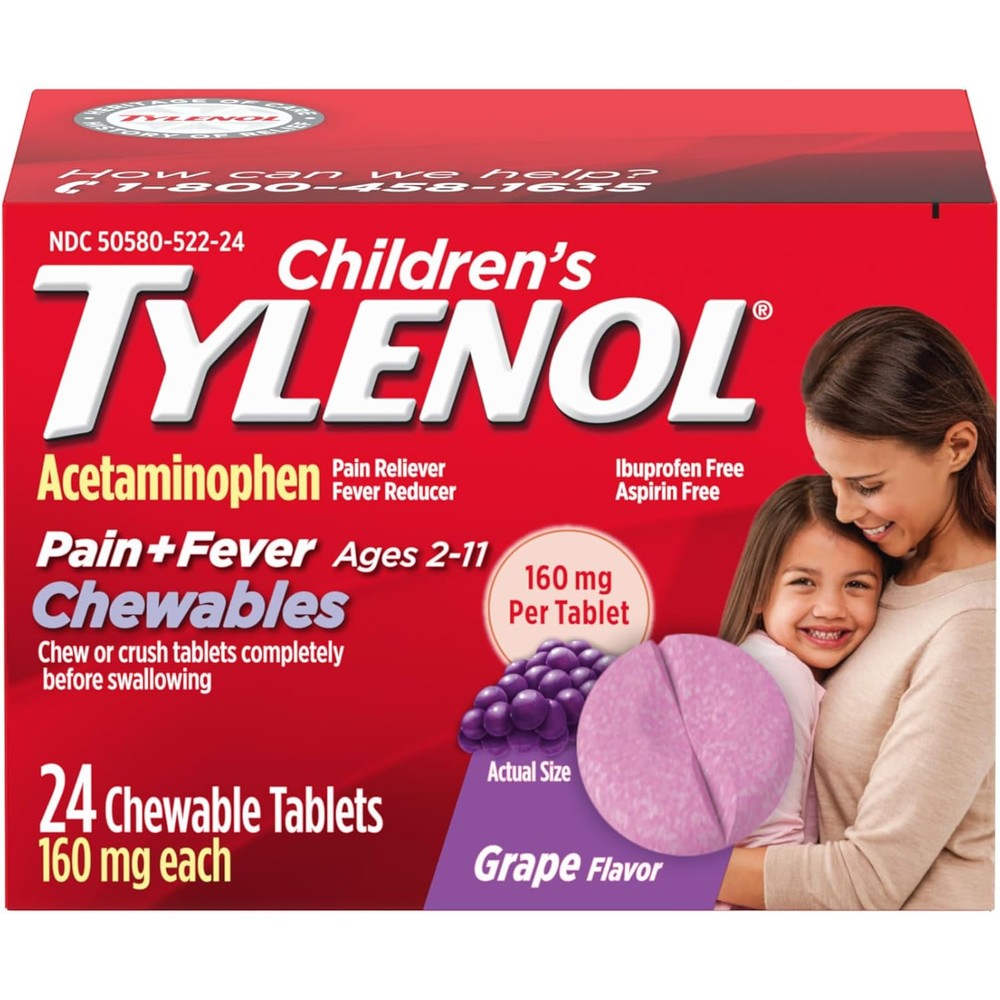 Children's Tylenol Chewables with 160 mg Acetaminophen, Pain Reliever & Fever Reducer for Kids' Cold + Flu Symptoms, Headache, Sore Throat & Toothache, Aspirin-Free, Grape Flavor, 24 ct