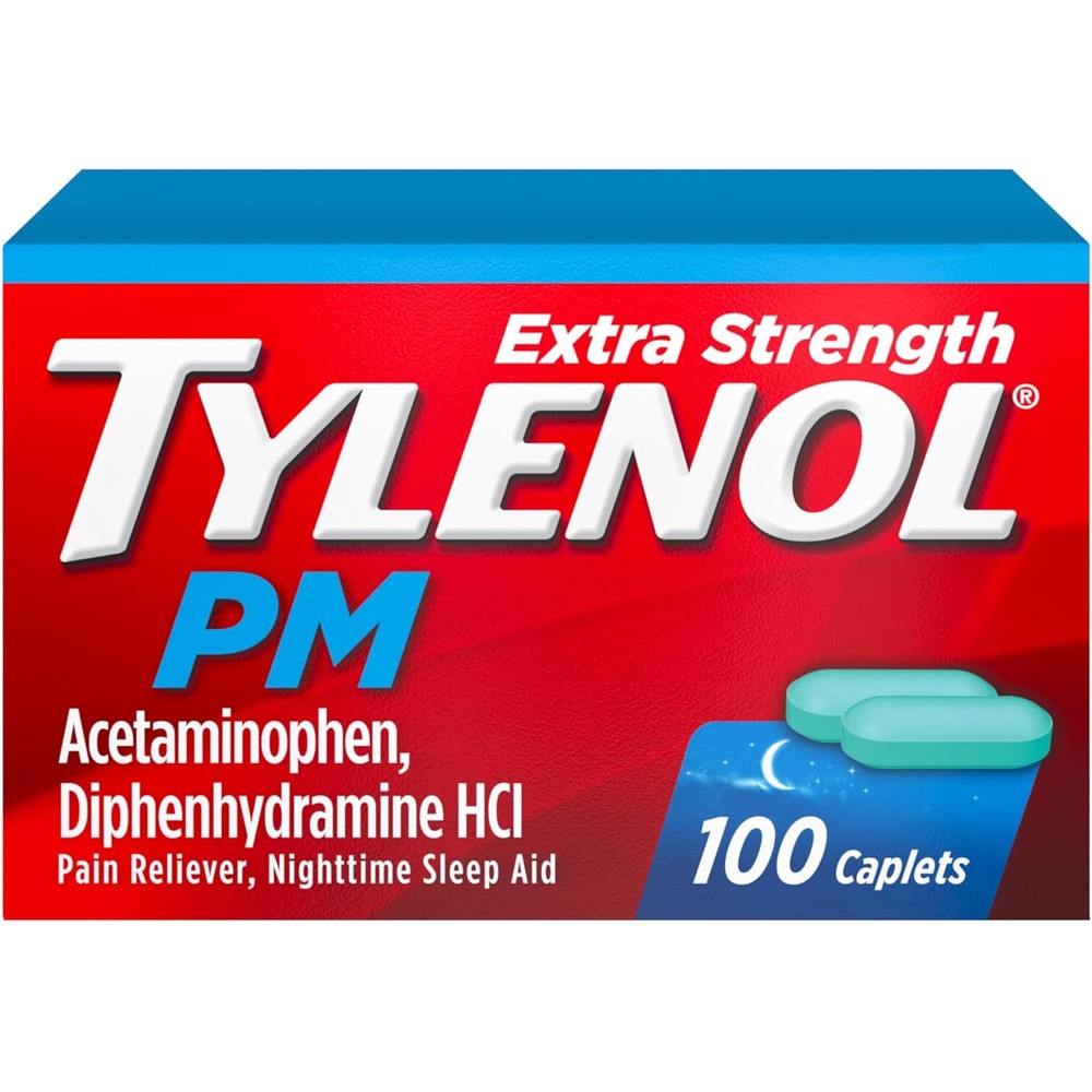 Tylenol PM Extra Strength Nighttime Pain Reliever & Sleep Aid Caplets, 500 mg Acetaminophen & 25 mg Diphenhydramine HCl, Relief for Nighttime Aches & Pains, Non-Habit Forming, 100 ct