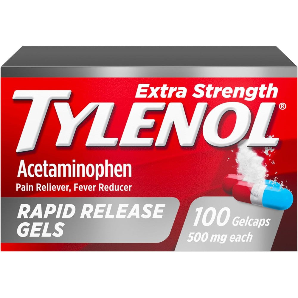 Tylenol Extra Strength Acetaminophen Rapid Release Gels, Pain Reliever & Fever Reducer, Gelcaps with Laser-Drilled Holes for Fast Release, Gentle on Stomach, 500 mg Per Gelcap, 100 Count OTC Medicine