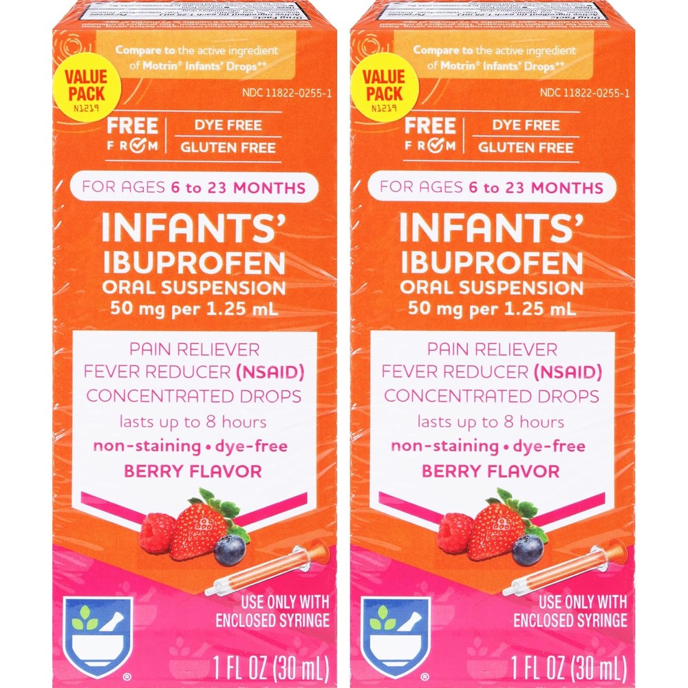 Rite Aid Infants' Dye-Free Ibuprofen Drops, Berry Flavor, 50 mg - 2 Value Pack | Infant Pain Reliever | for Babies Ages 6 to 23 Months | Oral Suspension 50 mg per 1.25 mL | Gluten Free
