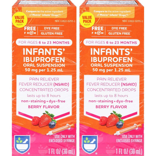 Rite Aid Infants' Dye-Free Ibuprofen Drops, Berry Flavor, 50 mg - 2 Value Pack | Infant Pain Reliever | for Babies Ages 6 to 23 Months | Oral Suspension 50 mg per 1.25 mL | Gluten Free