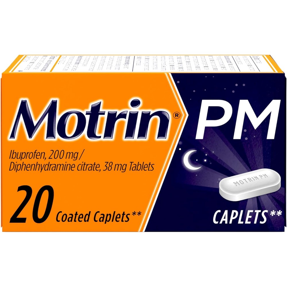 Motrin PM Pain Relief Caplets with 200 mg Ibuprofen & 38 mg Diphenhydramine Sleep Aid, Nighttime Pain Reliever for Minor Aches & Pains Helps You Fall Asleep & Stay Asleep, 20 ct