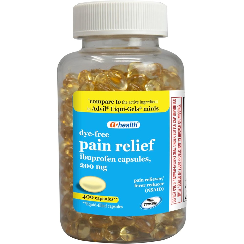 A+Health Dye-Free Ibuprofen 200 mg Mini Softgels bottle front view