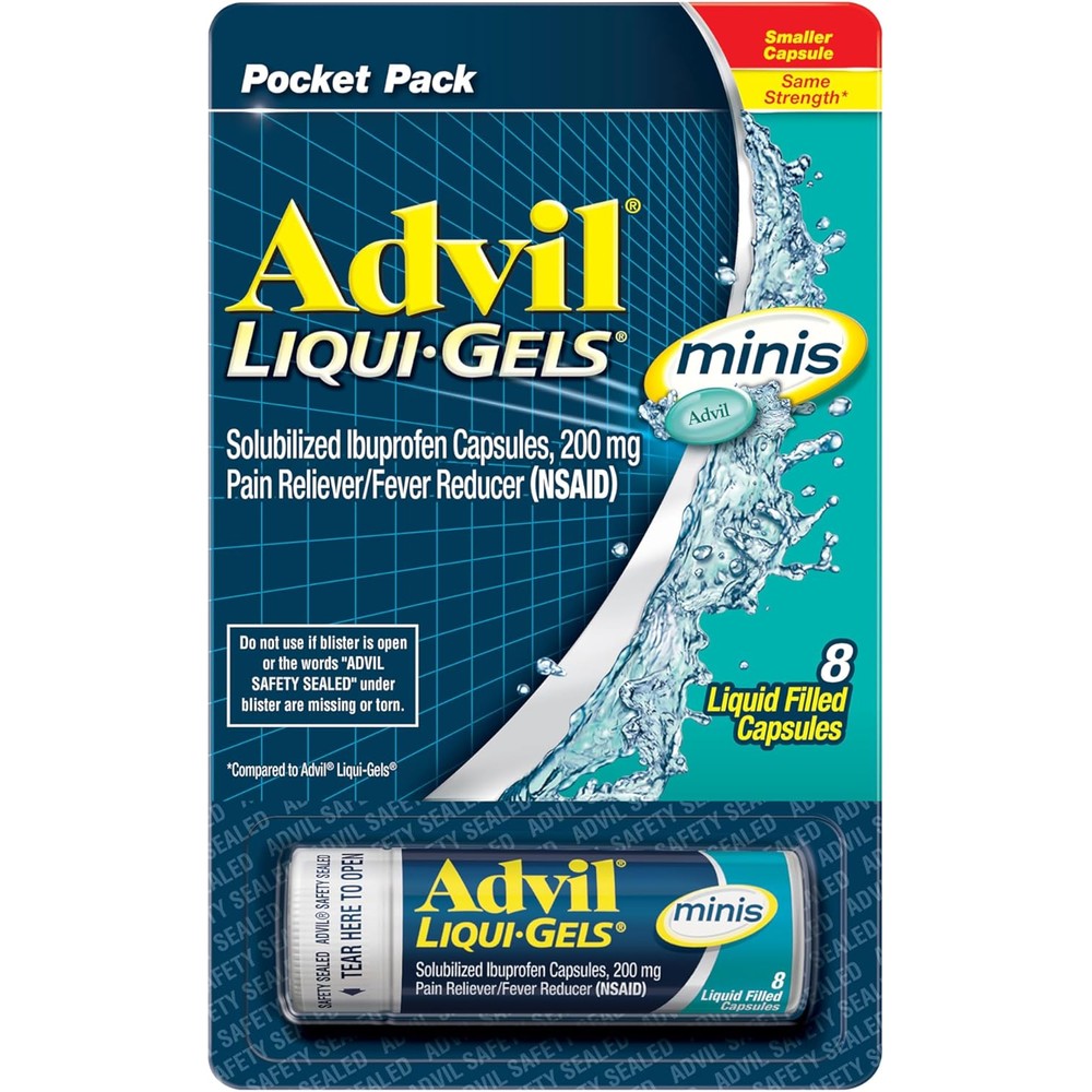 Advil Liqui-Gels Minis front view showing 8 capsule vial