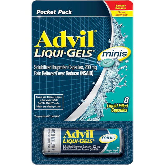 Advil Liqui-Gels Minis front view showing 8 capsule vial