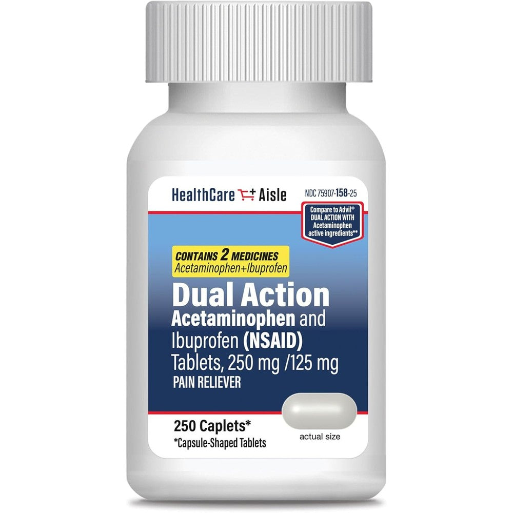 HealthCareAisle Dual Action Acetaminophen and Ibuprofen (NSAID) Tablets, 250 mg /125 mg Pain Reliever - 250ct Caplets