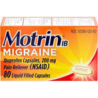 Motrin IB Migraine Relief Liquid Gel Capsules with 200 mg Ibuprofen per Capsule, Fast & Effective Migraine Headache Medicine with NSAID Pain Reliever Ibuprofen, Caffeine-Free, 80 ct