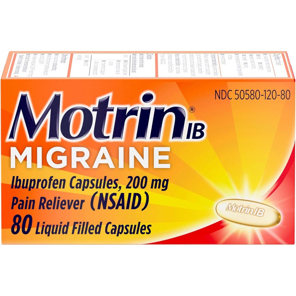 Motrin IB Migraine Relief Liquid Gel Capsules with 200 mg Ibuprofen per Capsule, Fast & Effective Migraine Headache Medicine with NSAID Pain Reliever Ibuprofen, Caffeine-Free, 80 ct