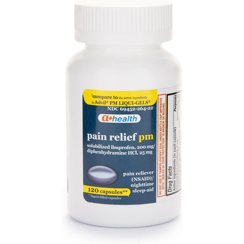 A+Health Ibuprofen PM Softgels, Pain Reliever/Nighttime Sleep Aid (NSAID), Ibuprofen 200mg and Diphenhydramine Hydrochloride 25mg, 120 Count