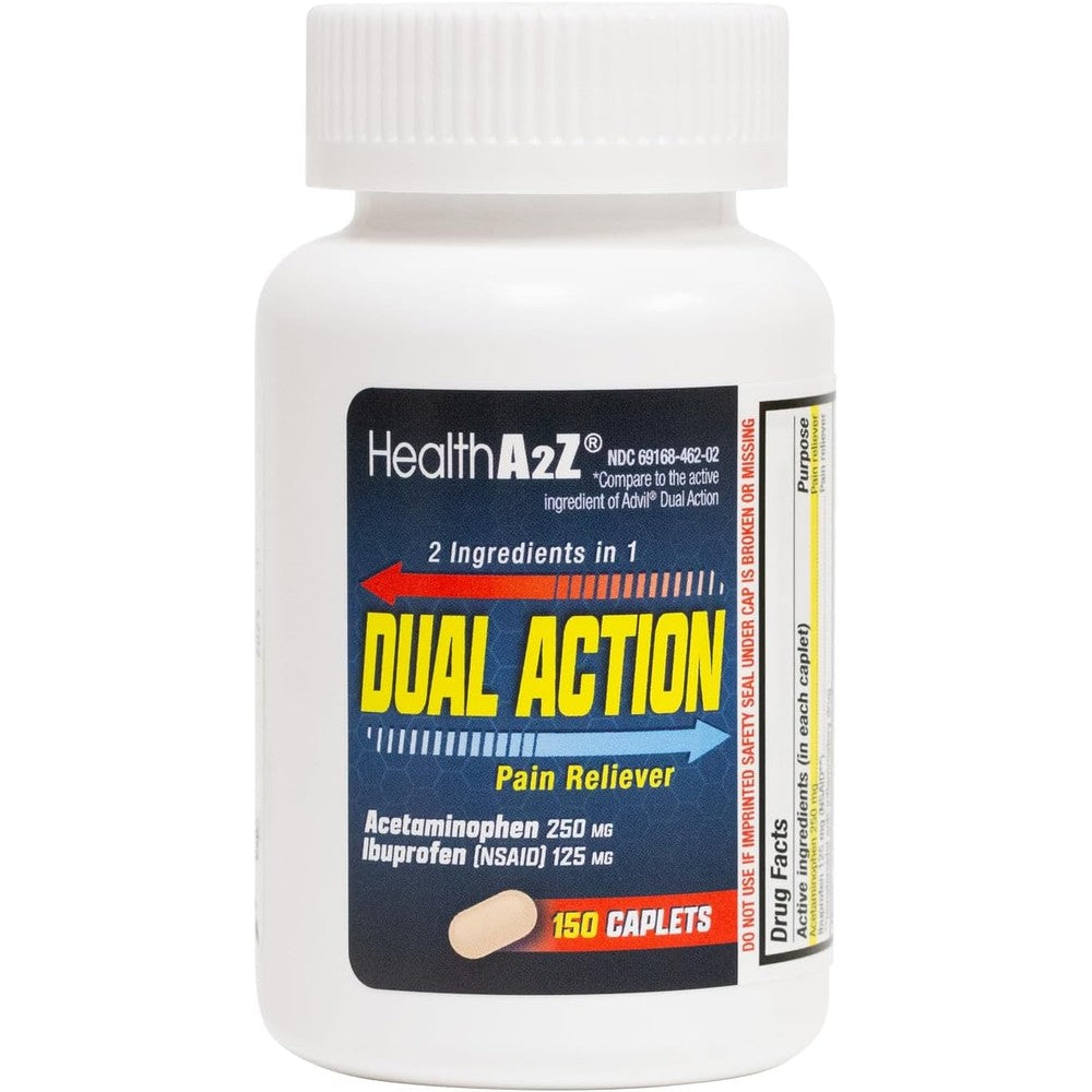 HealthA2ZÂ® Dual Action Pain Relief | Acetaminophen 250mg & Ibuprofen (NSAID) 125mg | Contains Two Medicines | Relief from Headache, Fever & Backache (150 Caplets)