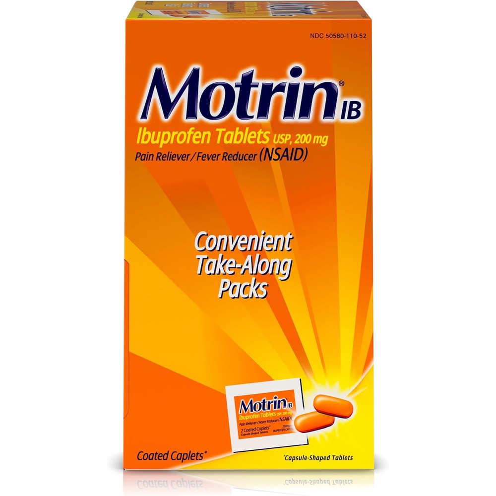 Motrin IB, Ibuprofen 200mg Tablets, NSAID Pain & Fever Reliever for Headache, Backache, Muscular Aches, Arthritis Pain Reliever, 50 Travel Packets of 2, 100 ct