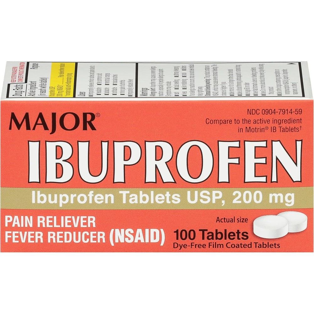 MAJOR Dye-Free Ibuprofen Tablets 200 mg - Helps Temporarily Reduce Fevers - Offers Pain Relief - 100 Tablets (1-Pack)