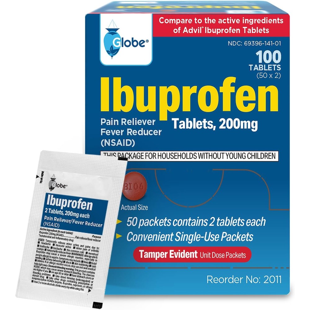 Globe Ibuprofen Tablets, 200 mg, Pain Reliever and Fever Reducer, for Headache, Muscular Aches, Arthritis, Backache and More 50 Packets of 2 Tablets Each,100 Tablets