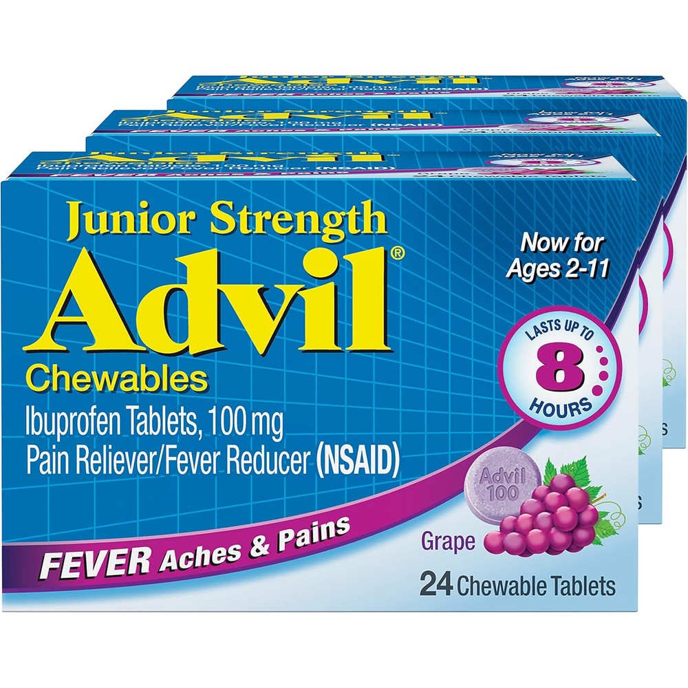 Advil Junior Strength Chewable Ibuprofen Pain Reliever and Fever Reducer, Children's Ibuprofen for Pain Relief, Grape - 24 Tablets (Pack of 3)