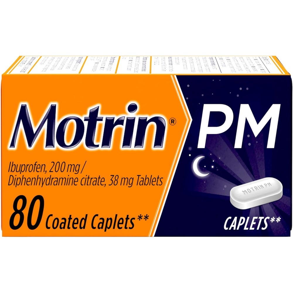 Motrin PM Caplets with 200 mg Ibuprofen & 38 mg Diphenhydramine Sleep Aid, Nighttime Pain Reliever for Minor Aches & Pains, Bulk, 80 ct