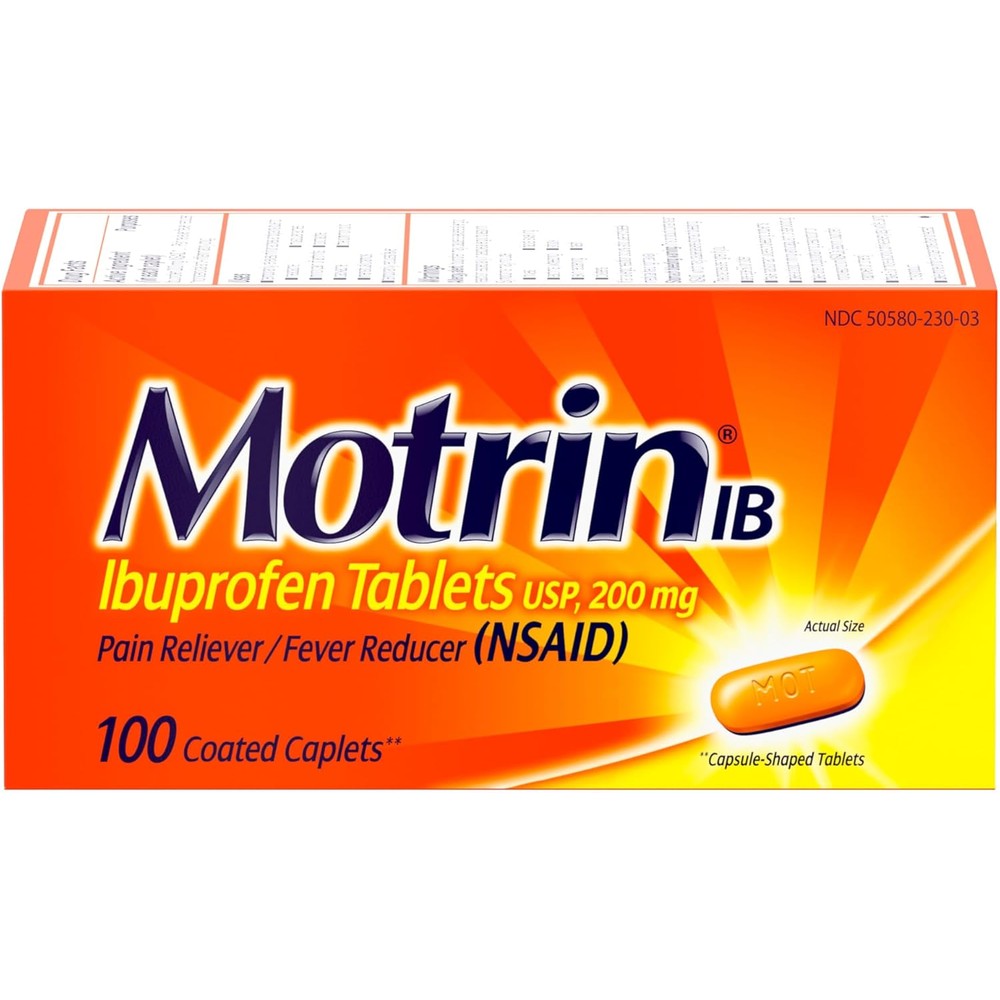 Motrin IB, Ibuprofen 200mg Tablets, NSAID Pain Reliever & Fever Reducer for Headache, Backache, Muscular Aches, & Menstrual Cramps, Over-The-Counter Pain Relief Medicine, 100 ct