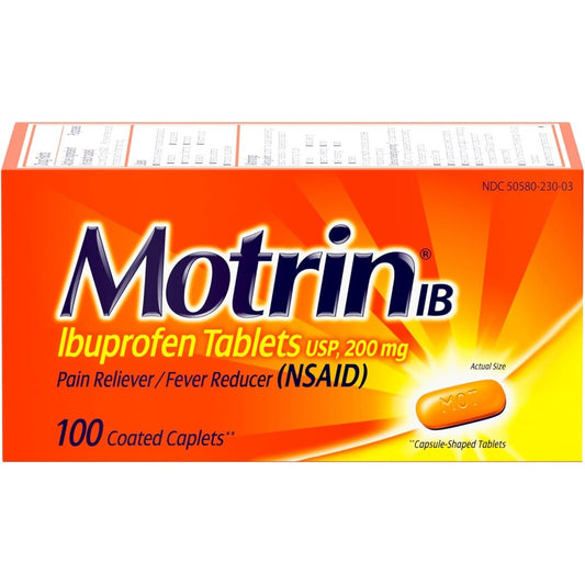 Motrin IB, Ibuprofen 200mg Tablets, NSAID Pain Reliever & Fever Reducer for Headache, Backache, Muscular Aches, & Menstrual Cramps, Over-The-Counter Pain Relief Medicine, 100 ct