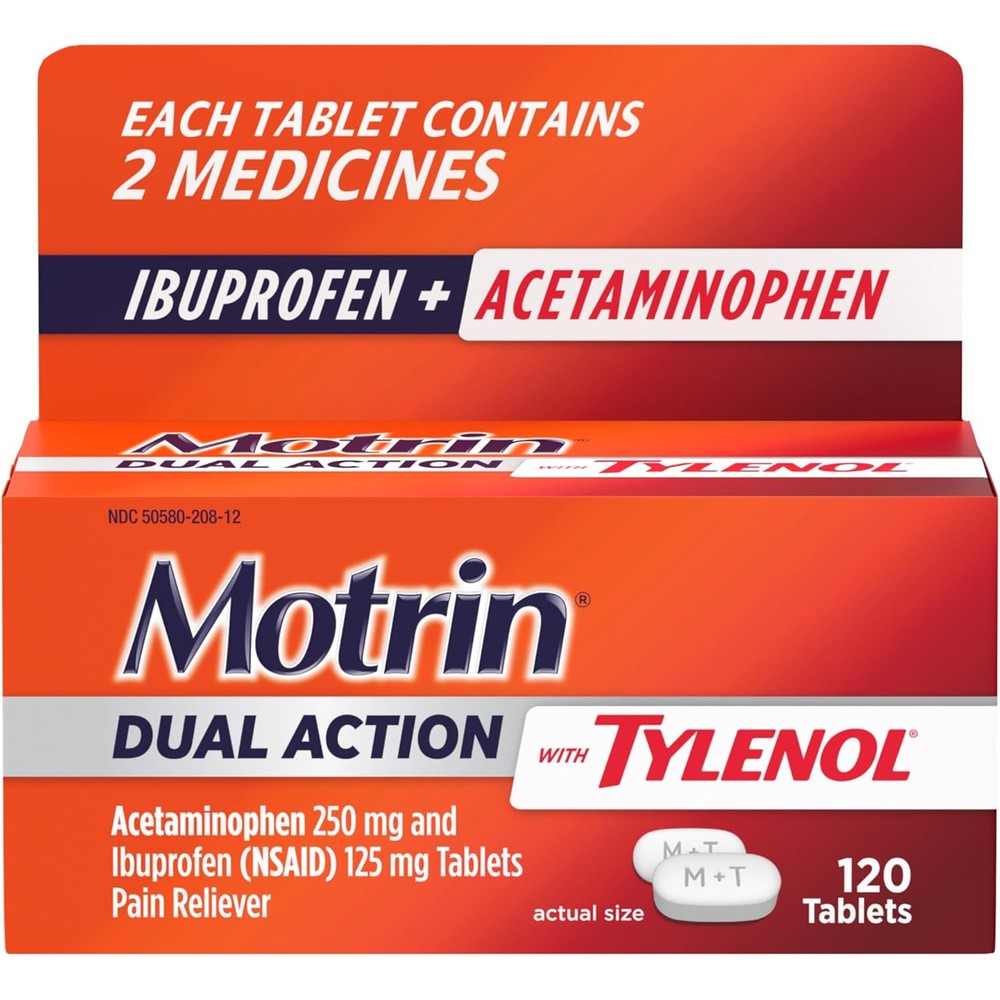 Motrin Dual Action with Tylenol, Ibuprofen & Acetaminophen Fast-Acting Dual Action Pain Reliever for Minor Aches & Pains, Ibuprofen (NSAID) 125 mg & Acetaminophen 250 mg, 120 ct