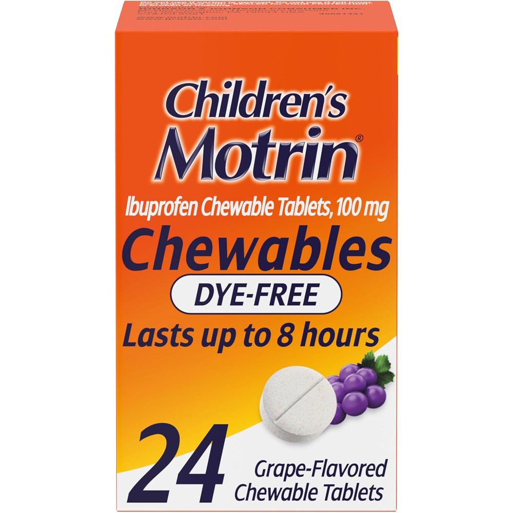 Motrin Children's Dye-Free Chewable Tablets with Ibuprofen, Kids' Fever Reducer & Pain Reliever for Sore Throat, Fever, Toothache & Pain Relief, Grape Flavor, 24 Ct