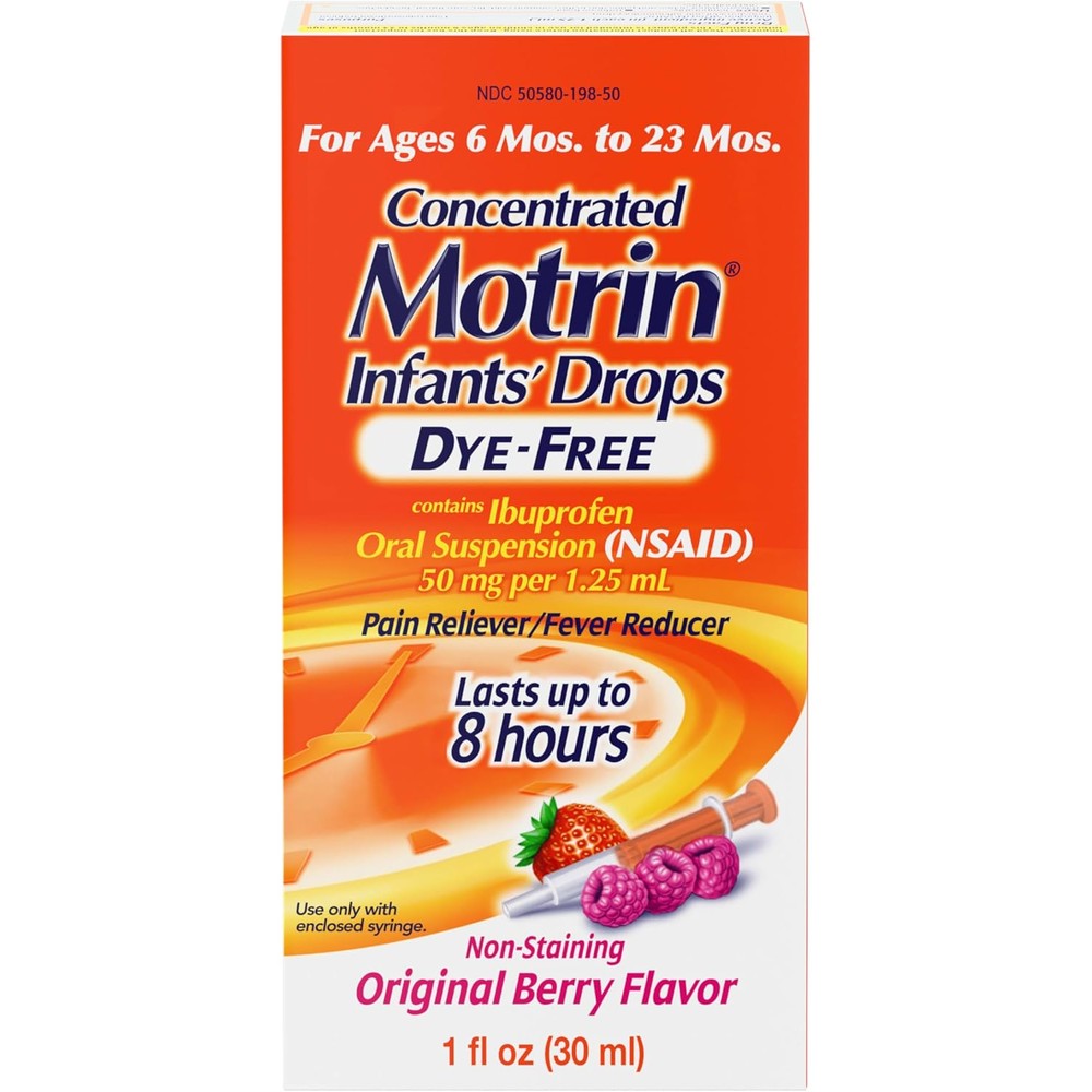 Motrin Infants Infant Ibuprofen Oral Suspension Concentrated Drops, NSAID Fever Reducer & Pain Reliever for Babies, Dye Free, Alcohol-Free, Berry Flavor, Includes Enclosed Syringe, 1 fl.â€¯oz