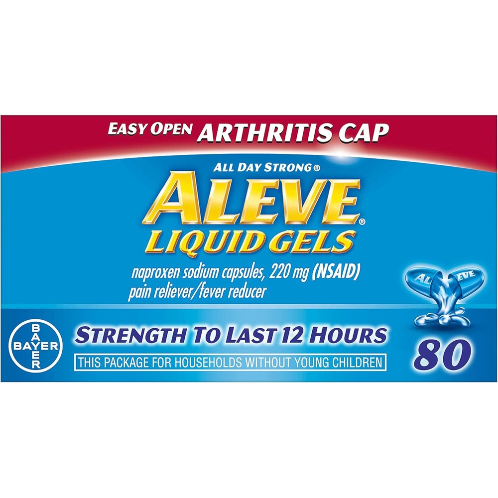 Aleve Naproxen Sodium Liquid Gels packaging front view for over the counter pain relief