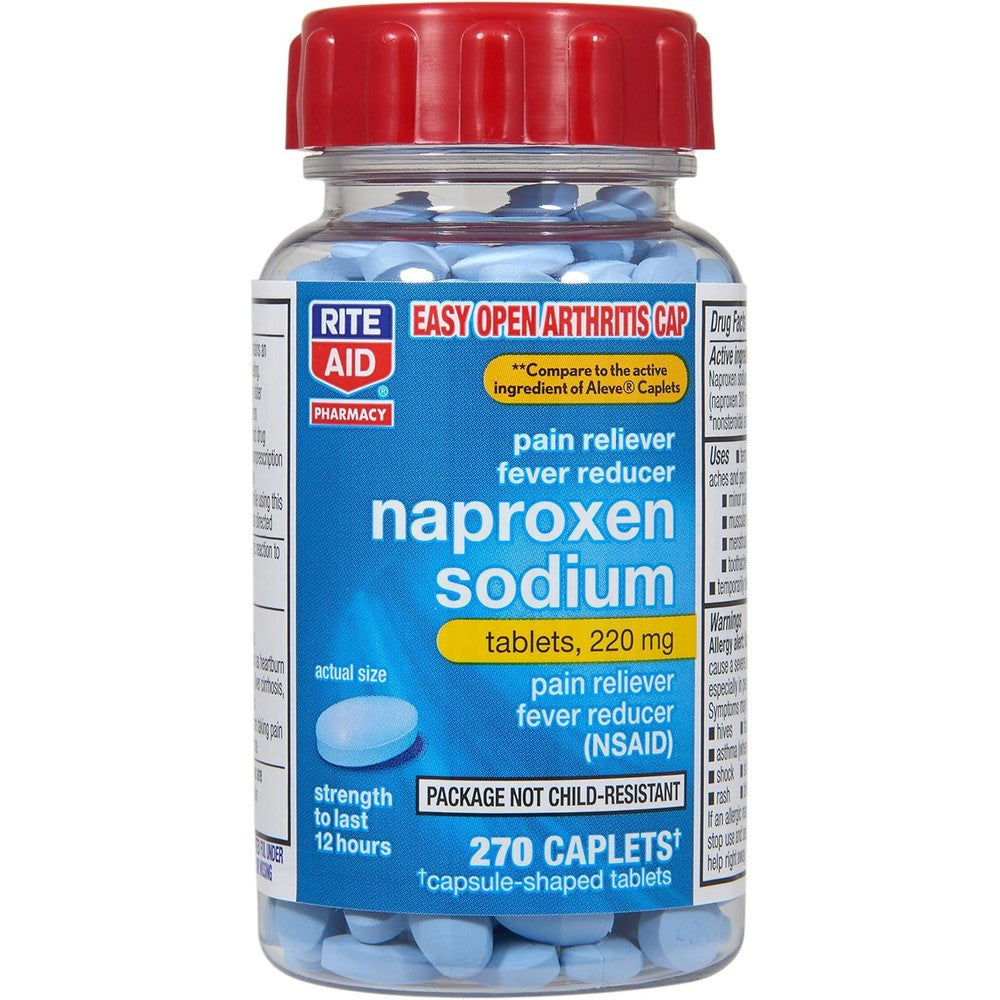 Rite Aid Naproxen Sodium Tablets 220mg 270 count front bottle view for long lasting pain relief