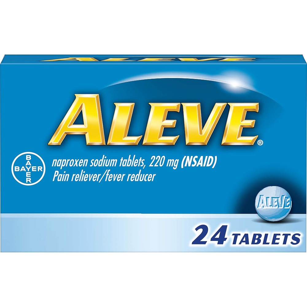 Aleve Naproxen Sodium 220 mg pain reliever caplets front view package