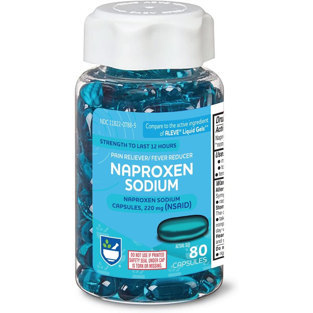 Rite Aid Naproxen Sodium 220 Milligram capsules front view package layout for long lasting pain relief