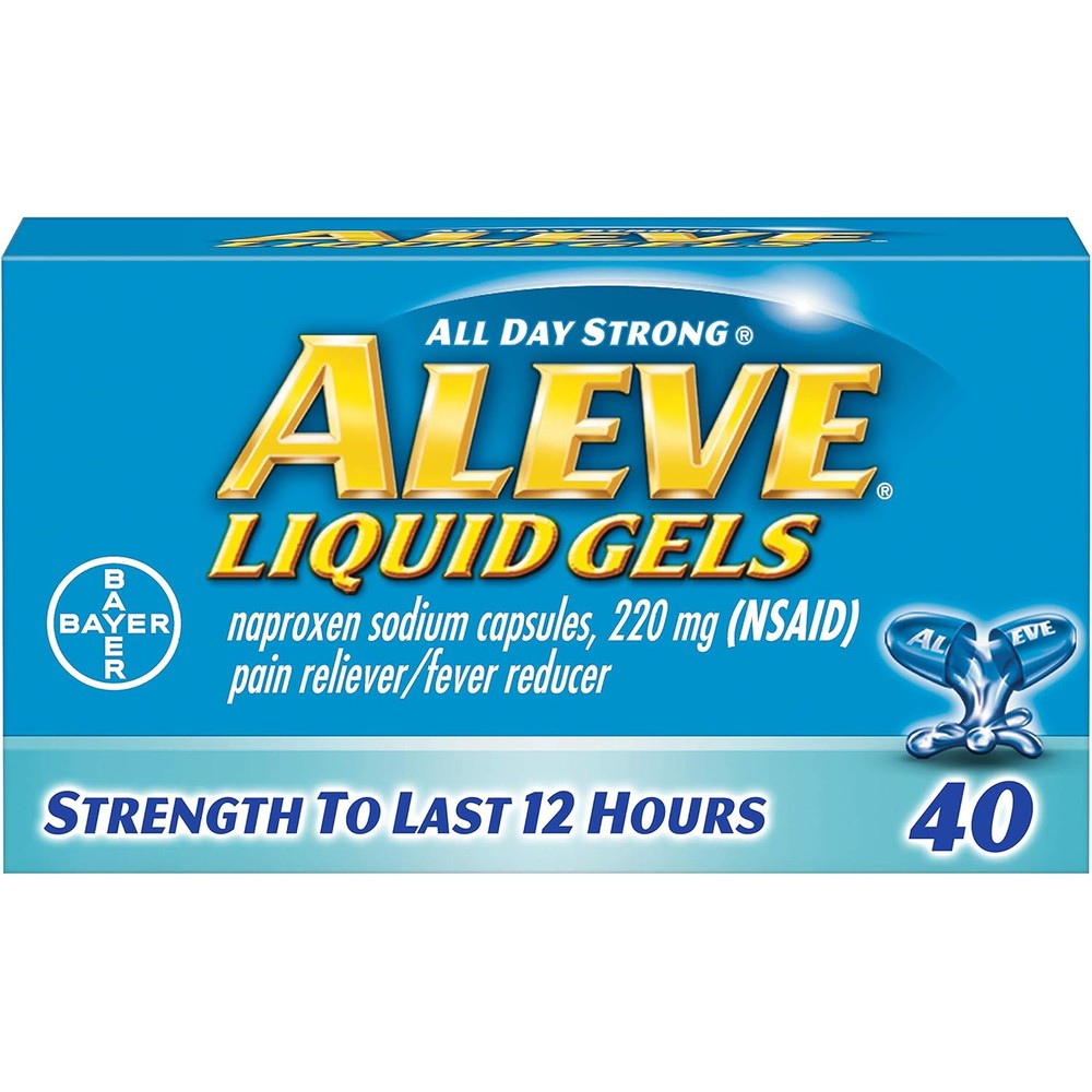 Aleve Liquid Gels 40 Count front packaging showcasing 12 hour pain relief