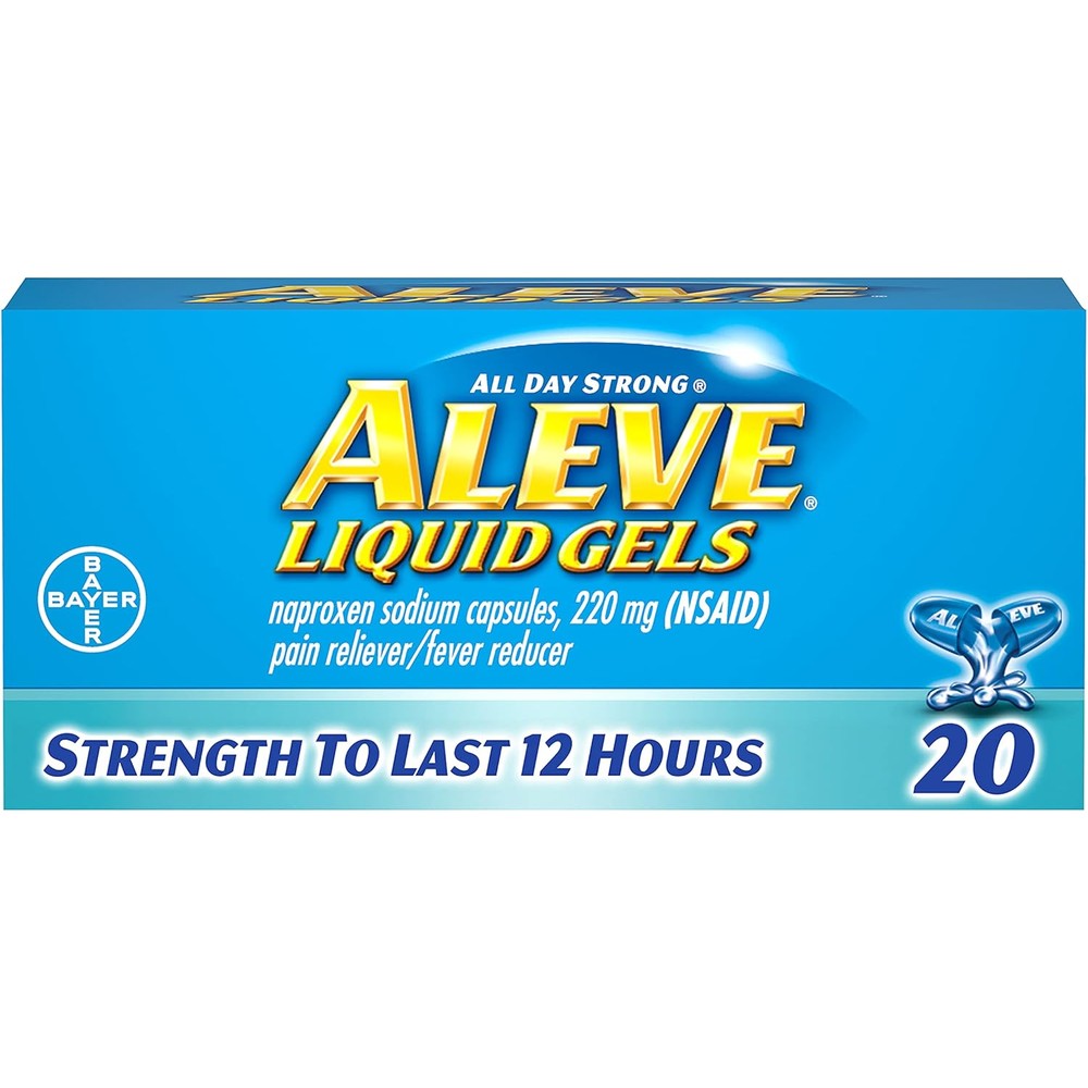 Aleve liquid gels pack of 3 front view showing 220 mg naproxen sodium boxes for pain relief