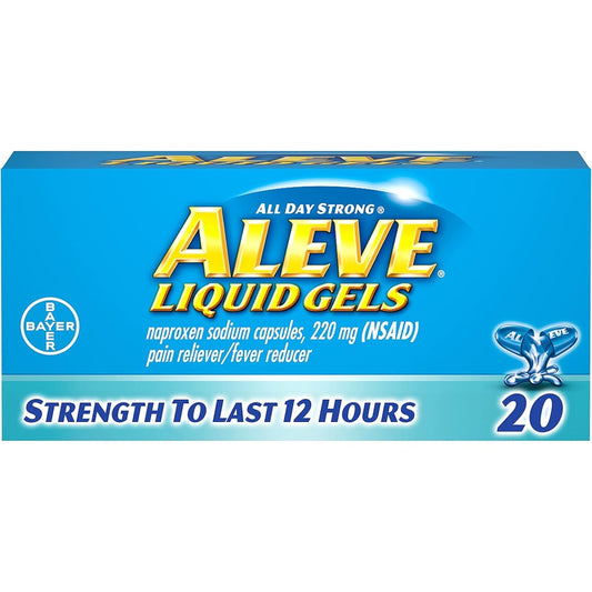 Aleve liquid gels pack of 3 front view showing 220 mg naproxen sodium boxes for pain relief