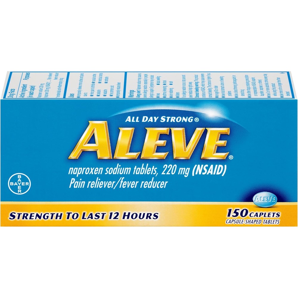 Aleve Caplets 150 Count front packaging showing 12 hour pain relief label