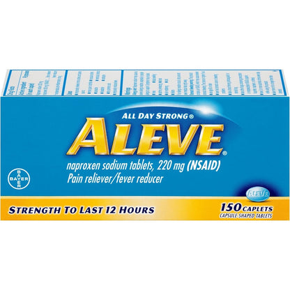 Aleve Caplets 150 Count front packaging showing 12 hour pain relief label