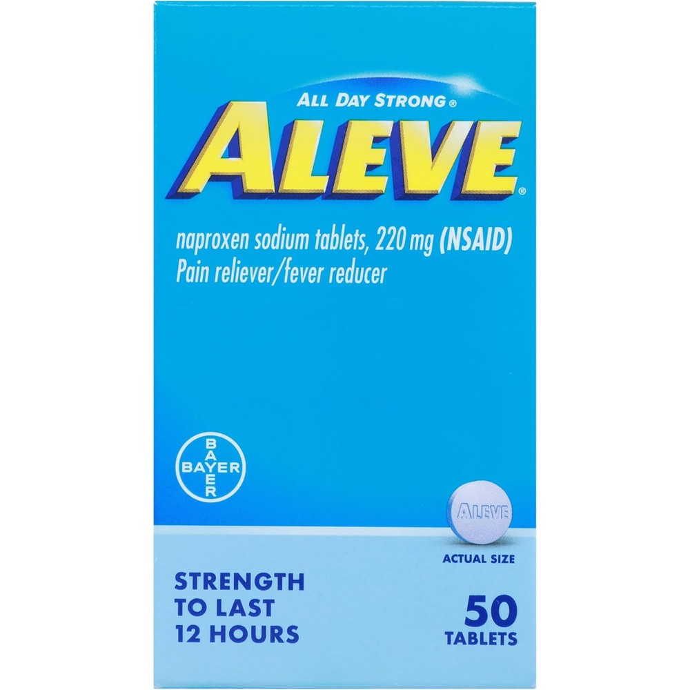 Aleve Naproxen Sodium 220 mg 50 tablets front view showing packaging for pain relief
