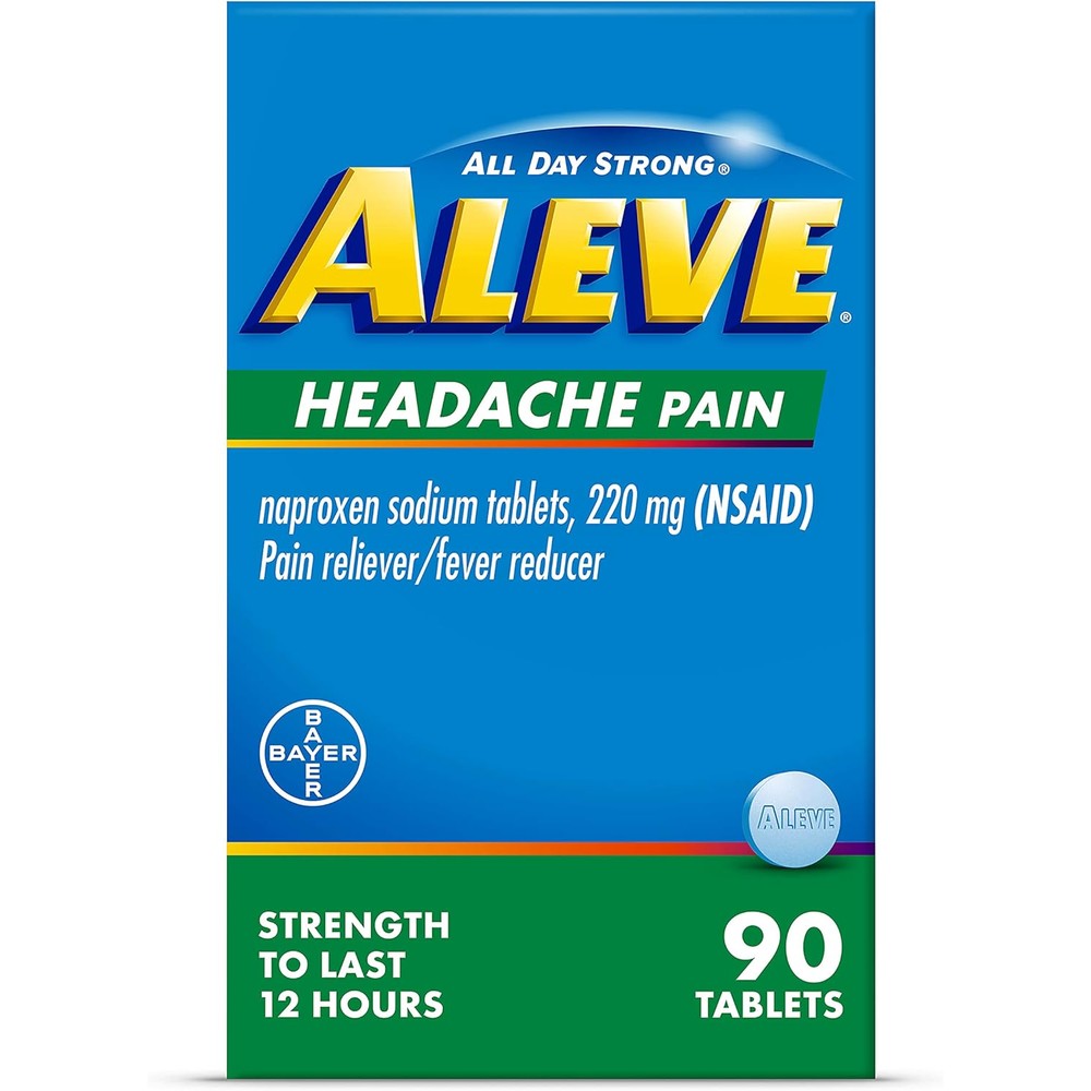 Aleve Headache Pain Reliever 90 count pack of three front view packaging