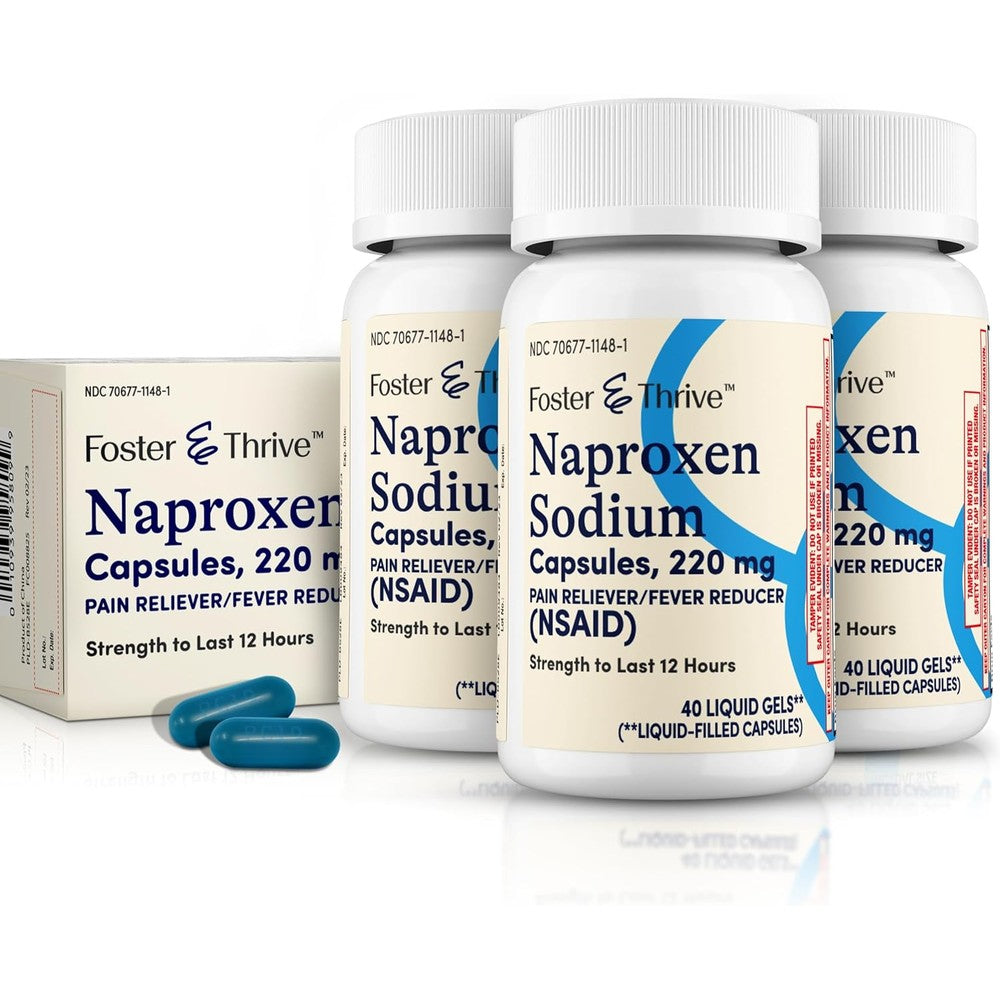 Foster and Thrive Naproxen Sodium 220mg Liquid Gels front packaging showing three bottles for long lasting pain relief